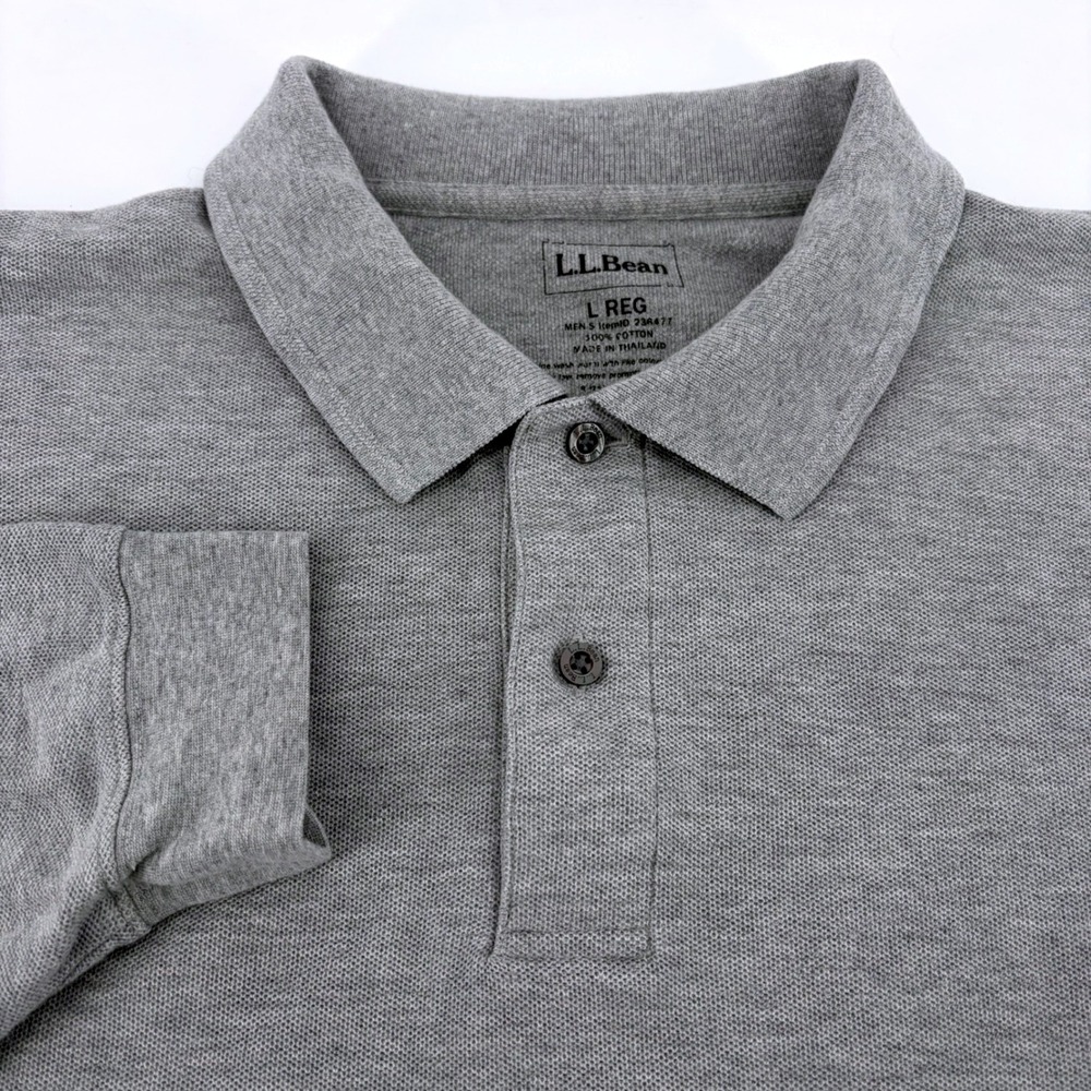 LL Bean Mens Gray Long Sleeve Cotton Pique Polo Shirt L Reg